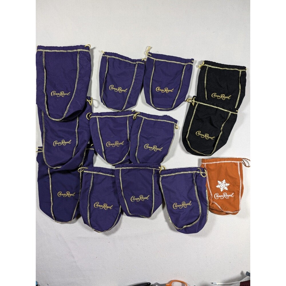 Lot of 13 Crown Royal Drawstring Bags Purple Black Orange Small Large
